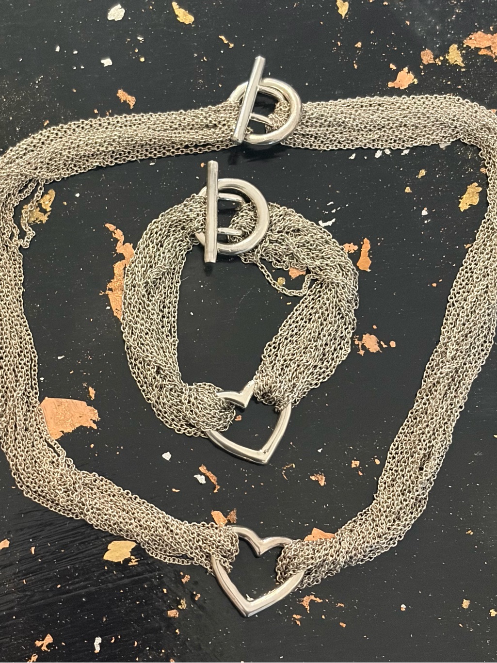 Sterling Silver Multi-Chain Heart Toggle Necklace And Bracelet Set